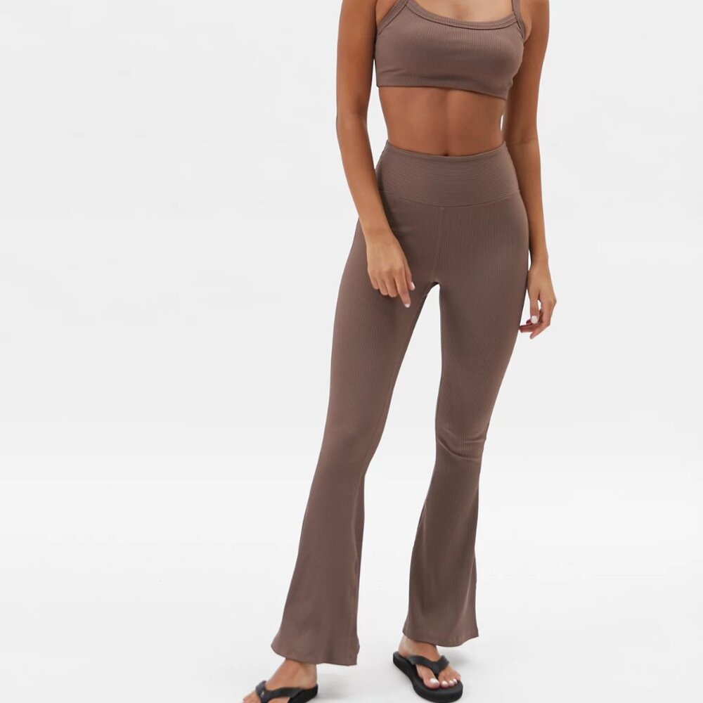 Flare Legging Red Ribbed Compression Flared Bellbottom Pants - Picture 6 of 7